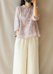 Women Light Purple Butterfly Printing Top Silhouette Stand Collar Midi Top - SooLinen