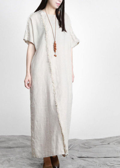 Women Linen Patchwork Maxi Dress Burrs - SooLinen