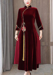 Damen Mulberry Embroideried Side Open Velour Kleider Vestidos Armband Sleeve