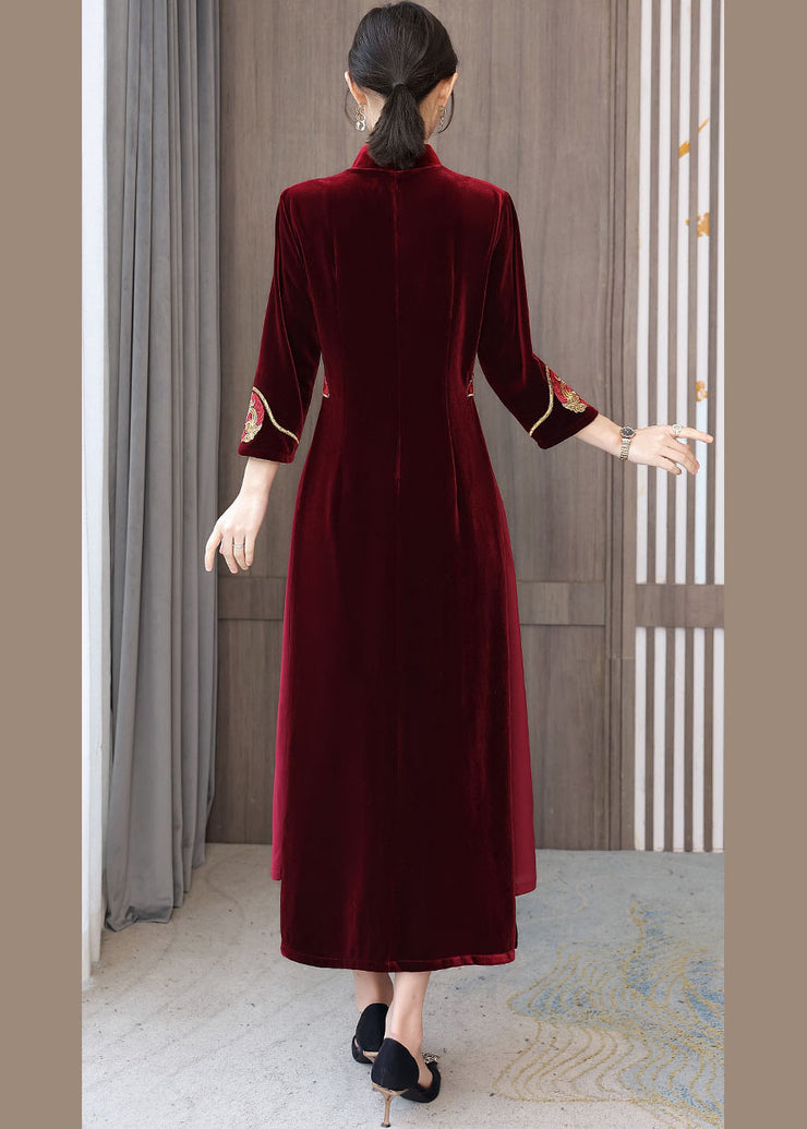 Damen Mulberry Embroideried Side Open Velour Kleider Vestidos Armband Sleeve