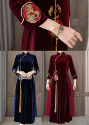 Damen Mulberry Embroideried Side Open Velour Kleider Vestidos Armband Sleeve