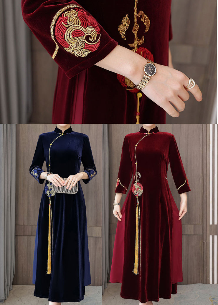 Damen Mulberry Embroideried Side Open Velour Kleider Vestidos Armband Sleeve