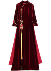 Damen Mulberry Embroideried Side Open Velour Kleider Vestidos Armband Sleeve