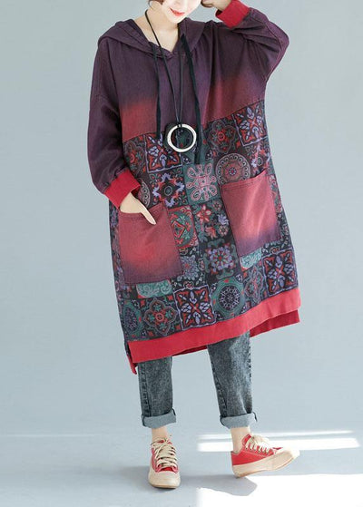 Women Mulberry Hooded Pockets Patchwork Print Fall Sweatshirts Dress - SooLinen