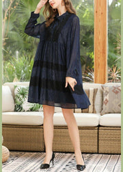Women Navy Button Chiffon Patchwork Summer Dress - SooLinen