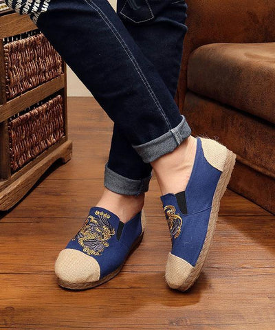 Women Navy Embroideried Splicing Flat Shoes Cotton Linen Fabric - SooLinen