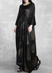 Women O Neck Cinched Spring Dresses Lnspiration Black Print Traveling Dress - SooLinen
