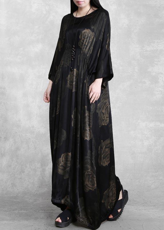 Women O Neck Cinched Spring Dresses Lnspiration Black Print Traveling Dress - SooLinen