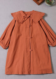 Frauen Orange Bubikragen Knopf Baumwolle Wintermantel
