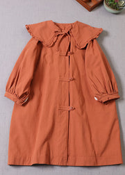 Frauen Orange Bubikragen Knopf Baumwolle Wintermantel