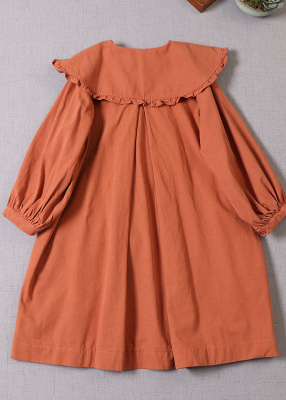 Frauen Orange Bubikragen Knopf Baumwolle Wintermantel
