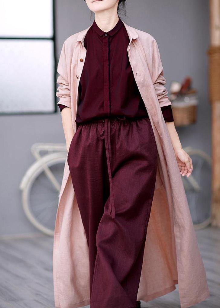 Women Peter pan Collar tie waist Plus Size outfit pink Knee coats - SooLinen