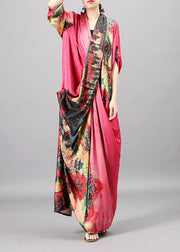 Women Pink Pockets Print Patchwork Fall Half Sleeve Dress