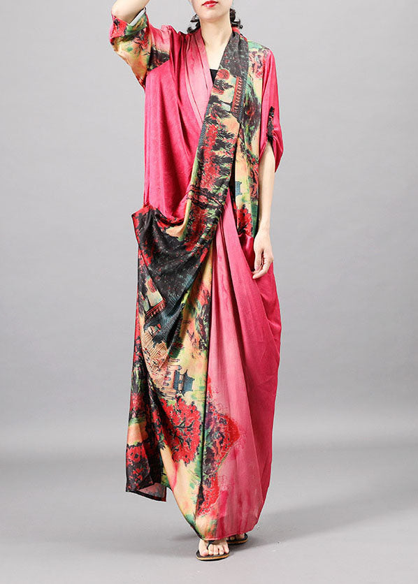 Women Pink Pockets Print Patchwork Fall Half Sleeve Dress