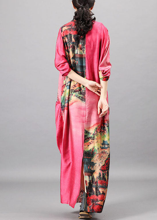 Women Pink Pockets Print Patchwork Fall Half Sleeve Dress