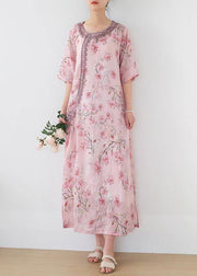 Women Pink Print Embroidery Oriental Summer Linen Dress - SooLinen