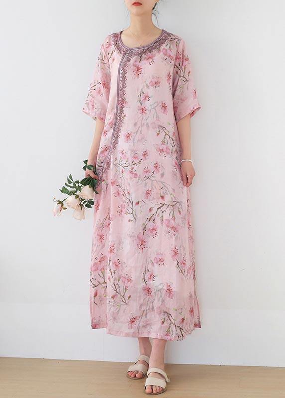 Women Pink Print Embroidery Oriental Summer Linen Dress - SooLinen
