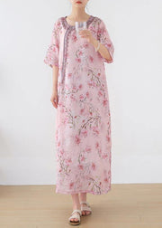 Women Pink Print Embroidery Oriental Summer Linen Dress - SooLinen