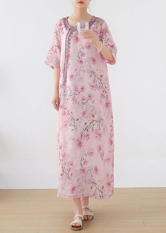 Women Pink Print Embroidery Oriental Summer Linen Dress - SooLinen