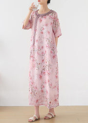 Women Pink Print Embroidery Oriental Summer Linen Dress - SooLinen