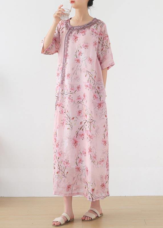 Women Pink Print Embroidery Oriental Summer Linen Dress - SooLinen