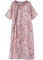 Women Pink Print Embroidery Oriental Summer Linen Dress - SooLinen