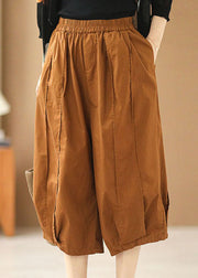 Women Pumpkin Color Elastic Waist Pockets Patchwork Cotton Crop Pants Summer