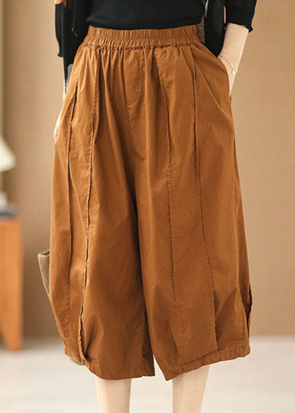 Women Pumpkin Color Elastic Waist Pockets Patchwork Cotton Crop Pants Summer