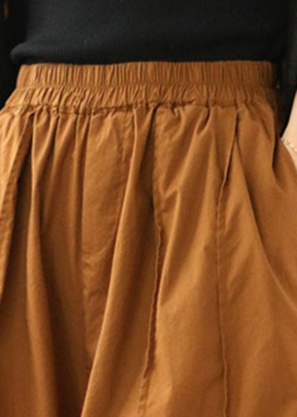 Women Pumpkin Color Elastic Waist Pockets Patchwork Cotton Crop Pants Summer