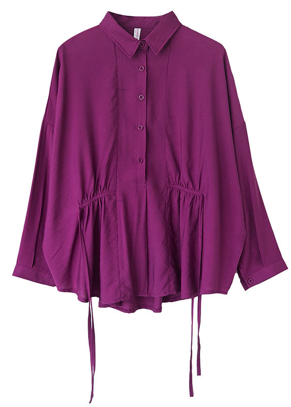 Frauen Lila Loose Button Tie Taille Herbst Shirt Langarm