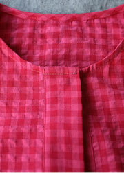 Frauen Rot O-Neck Plaid Patchwork Baumwolle Mid Kleider Kurzarm