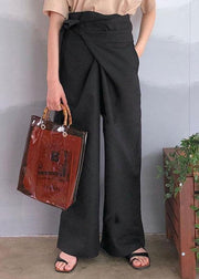 Women Solid Color Asymmetrical Bandage Design Breathable Wide Leg Pants - SooLinen