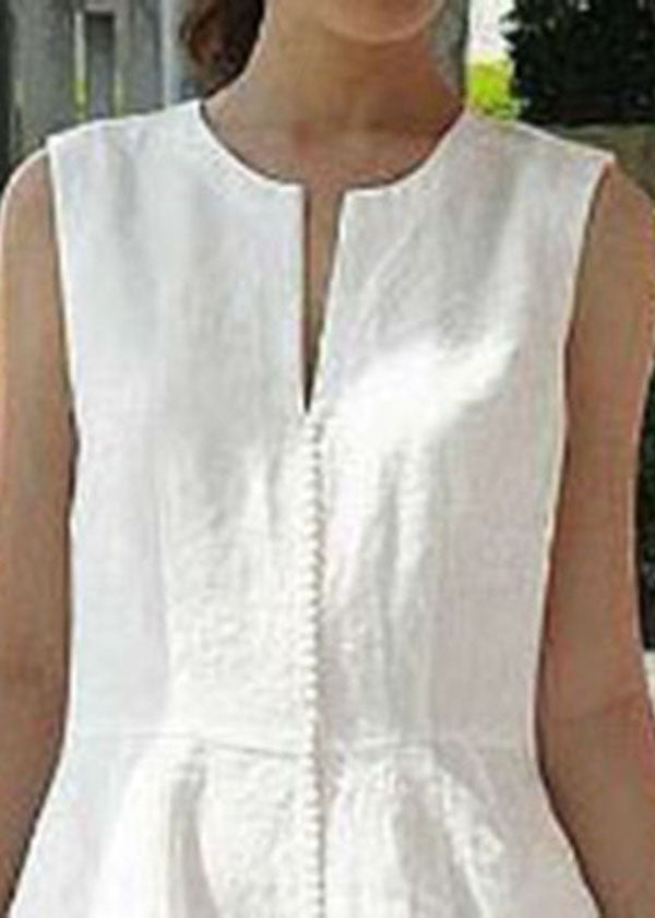 Women Solid White flowers Sleeveless V-Neck Back Zipper Pocket Dress