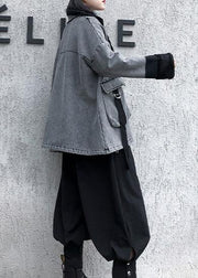 Women Square Collar zippered fine tunic coats gray jackets - SooLinen