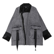 Women Square Collar zippered fine tunic coats gray jackets - SooLinen