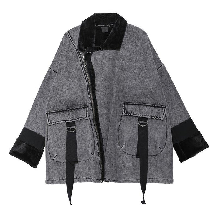 Women Square Collar zippered fine tunic coats gray jackets - SooLinen