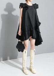 Women Summer Solid Black Sleeveless Pleated Ruffles Ladies Dress - SooLinen
