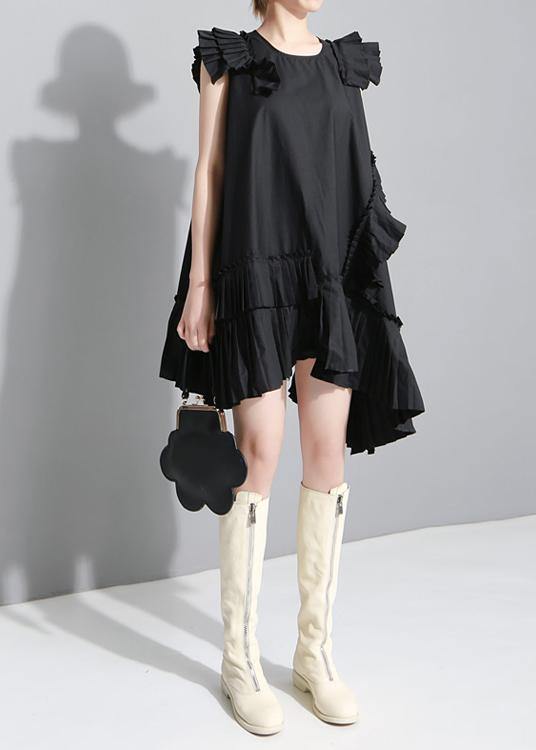 Women Summer Solid Black Sleeveless Pleated Ruffles Ladies Dress - SooLinen