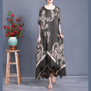 Women Tea Green Print Loose Silk Dress Summer - SooLinen