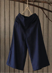 Women Vintage Solid Elastic Waist Wide Leg Pants with Pockets - SooLinen