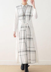 Women White Plaid Peter Pan Collar long Shirts Fall Party Dress - SooLinen