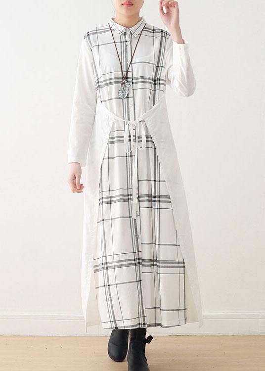 Women White Plaid Peter Pan Collar long Shirts Fall Party Dress - SooLinen