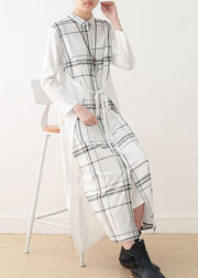 Women White Plaid Peter Pan Collar long Shirts Fall Party Dress - SooLinen