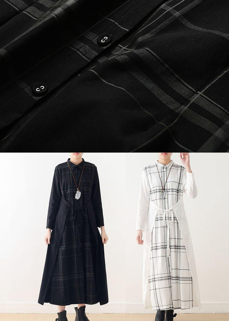 Women White Plaid Peter Pan Collar long Shirts Fall Party Dress - SooLinen