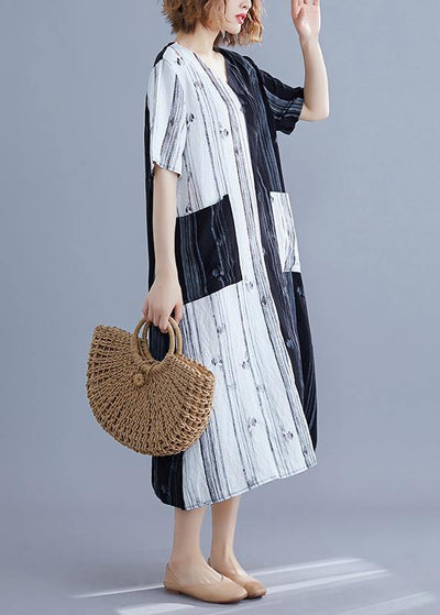 Women White Print V Neck Turn-down Collar Summer Maxi Dress - SooLinen
