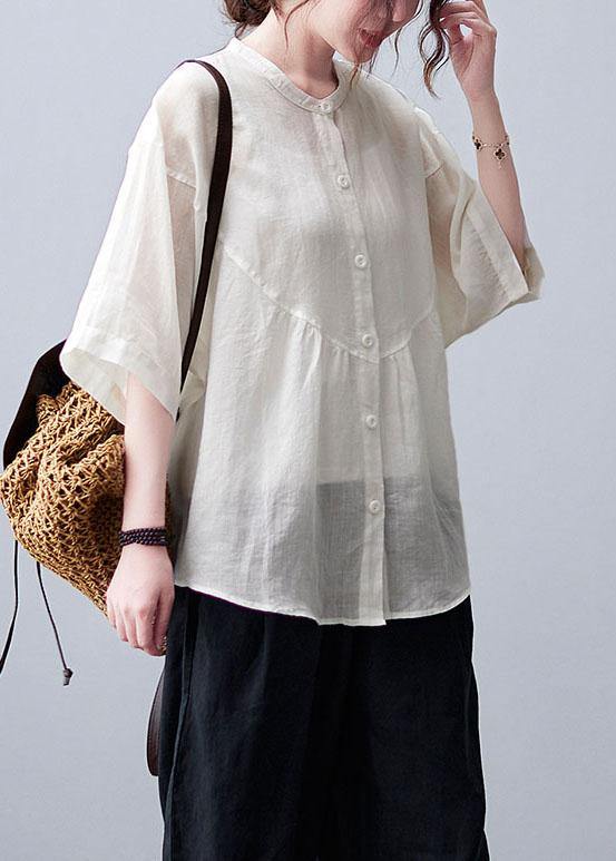 Women White Stand Collar Button Summer Cotton Linen Blouses - SooLinen