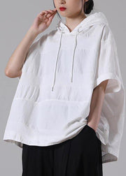 Women White hooded side open Cotton T Shirt Summer - SooLinen