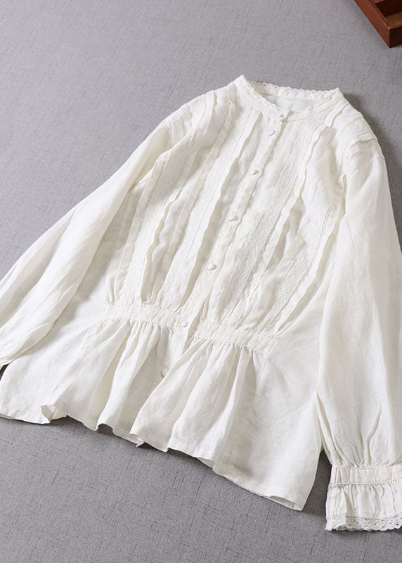 Frauen weiß zerknitterte Patchwork-Tops mit langen Ärmeln