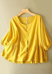 Women Yellow O-Neck Patchwork Wrinkled Cotton Shirt Bracelet Sleeve