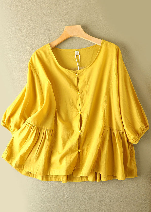 Women Yellow O-Neck Patchwork Wrinkled Cotton Shirt Bracelet Sleeve
